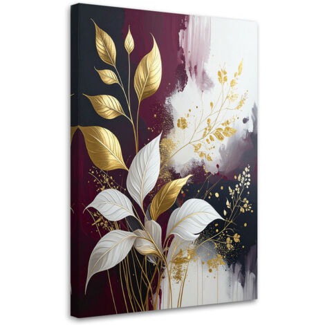 Cuadro en Lienzo, Abstracción de hojas de plantas en burdeos y dorado, 20x30