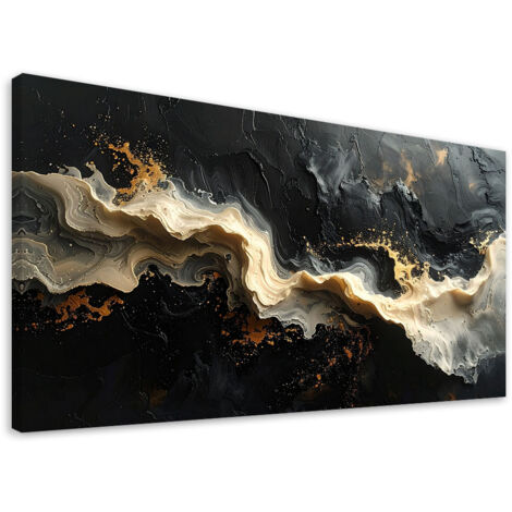 Cuadro en Lienzo, Abstracción de líneas onduladas en negro y beige, 100x50