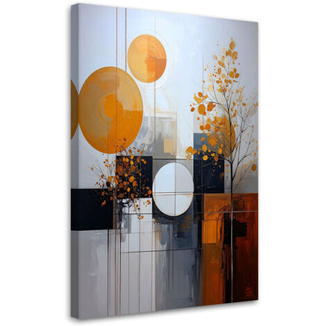 Cuadro en Lienzo, Abstracción geométrica de círculos y hojas naranjas, 20x30