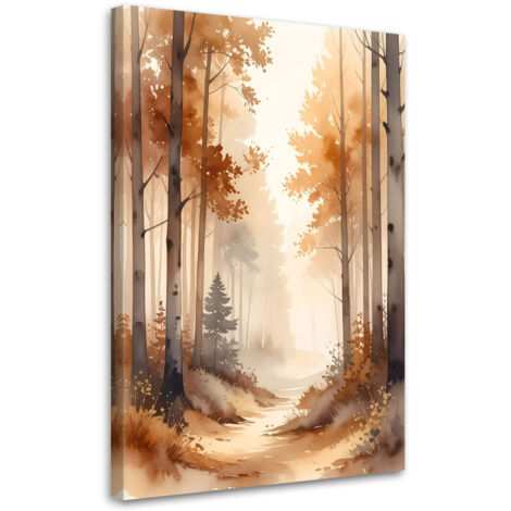 Cuadro en Lienzo, Bosque otoñal brumoso Paisaje forestal en acuarela de estilo escandinavo, 20x30
