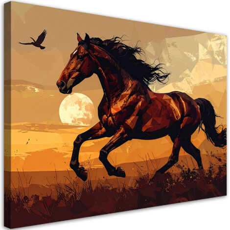 Cuadro en Lienzo, Caballo marrón galopando al atardecer, 30x20