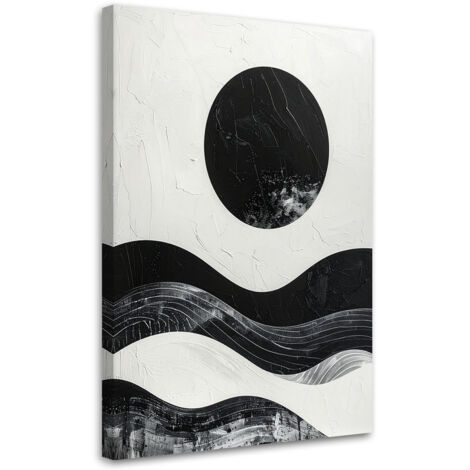 Cuadro en Lienzo, Círculo blanco y negro abstracto y olas, 20x30