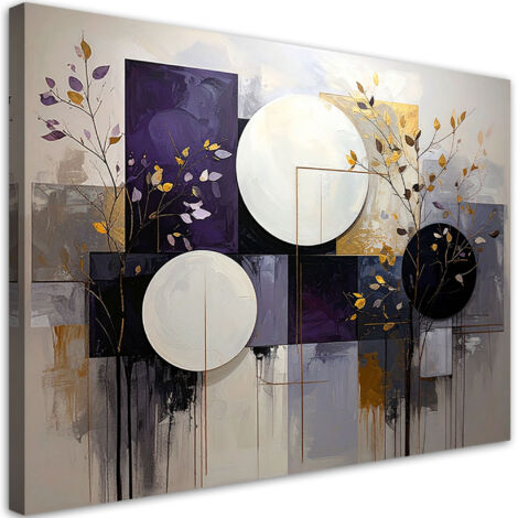 Cuadro en Lienzo, Círculos abstractos hojas morado y beige, 30x20