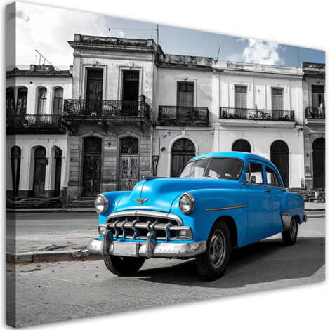 Cuadro en Lienzo, Coche antiguo azul en una calle de La Habana Cuba, 60x40