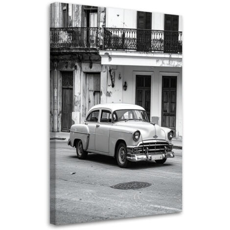 Cuadro en Lienzo, Coche retro blanco aparcado en una calle de La Habana Cuba, 20x30