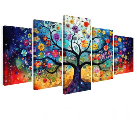CUADRO EN LIENZO Colorido - Árbol de la vida - Flores - Abstracto Set de 5 150x80