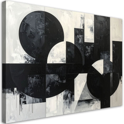 Cuadro en Lienzo, Composición abstracta círculos formas negro blanco, 30x20