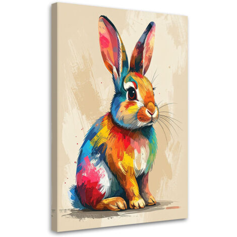 Cuadro en Lienzo, Conejo colorido sobre fondo beige, 20x30