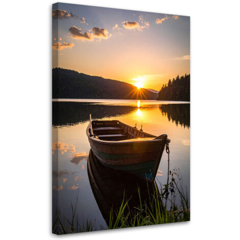 Cuadro en Lienzo, Lago barca puesta de sol, 20x30