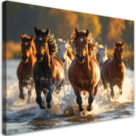 Cuadro en Lienzo, Manada de caballos corriendo por el agua, 30x20