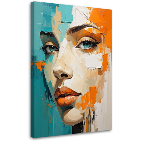 Cuadro en Lienzo, Mujer retrato turquesa naranja, 30x45