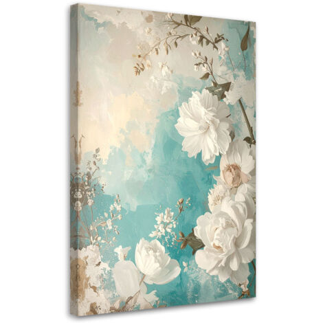 Cuadro en Lienzo, Naturaleza muerta con flores en tonos turquesa claro, 40x60