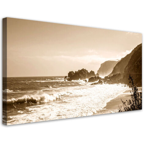 Cuadro en Lienzo, Paisaje marino en estilo vintage sepia con acantilados, 100x50