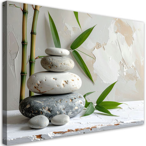 Cuadro en Lienzo, Piedras Zen Spa hojas de bambú en beige, 30x20