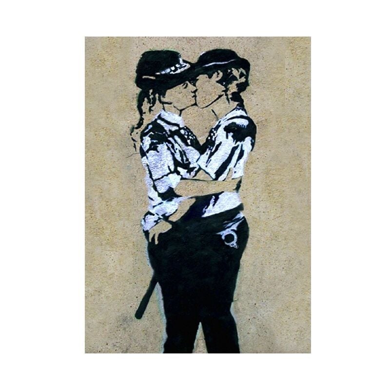 

Homemania - Cuadro Inspiraciones del Autor Banksy Beso Mujeres Policias - Decoracion Arte Hogar - Pared - Impresion, Digital, Dibujo - Marco