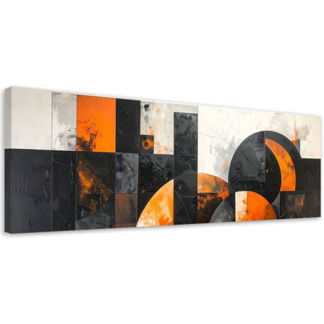 Cuadro sobre Lienzo, Abstracción círculos negro naranja, 150x50
