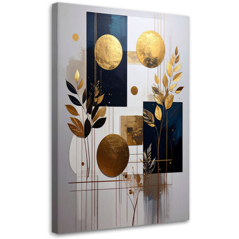 Cuadro sobre Lienzo, Abstracción: círculos y hojas en beige y dorado, 30x45