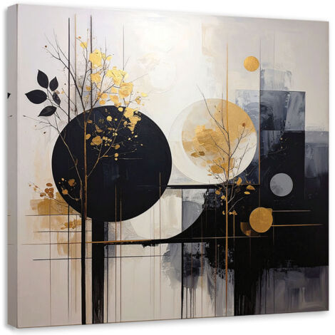 Cuadro sobre Lienzo, Abstracción de círculos y hojas en negro y beige, 20x20