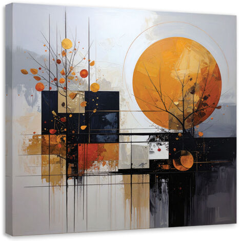 Cuadro sobre Lienzo, Abstracción de formas y hojas en naranja y gris, 20x20