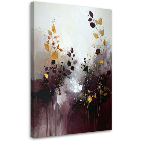 Cuadro sobre Lienzo, Abstracción de hojas burdeos plantas naturaleza, 30x45
