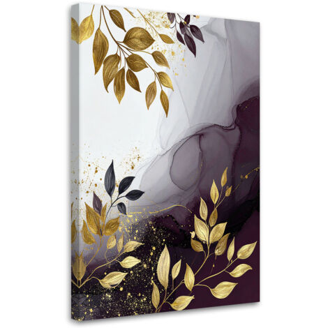 Cuadro sobre Lienzo, Abstracción de hojas de plantas en violeta y dorado, 20x30