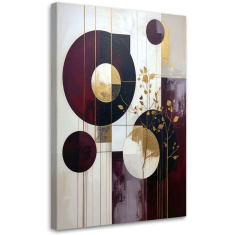 Cuadro sobre Lienzo, Abstracción geométrica burdeos de círculos y plantas, 20x30