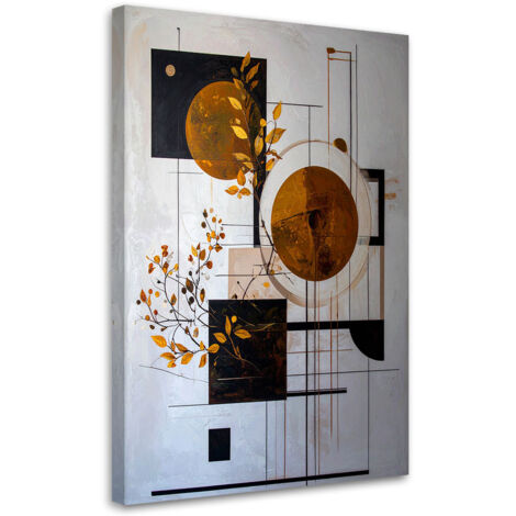 Cuadro sobre Lienzo, Abstracción geométrica: círculos y hojas en marrón, 20x30