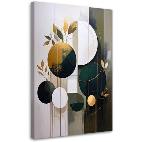 Cuadro sobre Lienzo, Abstracción geométrica verde de círculos y plantas, 30x45