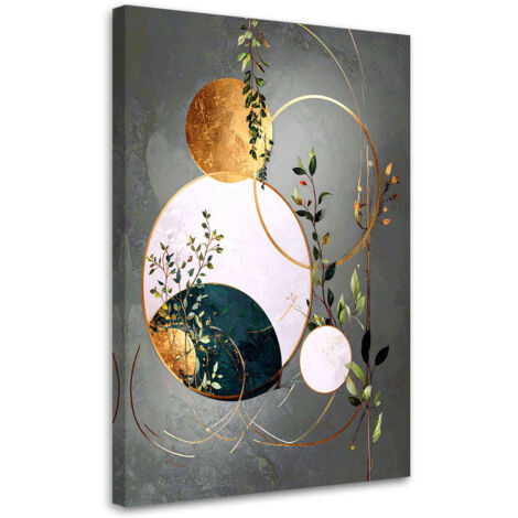 Cuadro sobre Lienzo, Abstracción gris y dorada de círculos y hojas, 40x60
