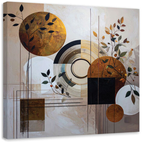 Cuadro sobre Lienzo, Abstracción moderna de círculos y hojas en beige, 20x20