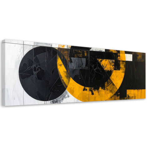 Cuadro sobre Lienzo, Abstracción textura círculos formas negro amarillo, 90x30
