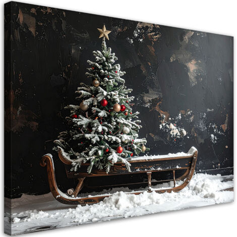 Cuadro sobre Lienzo, Árbol de Navidad trineo nieve, 60x40