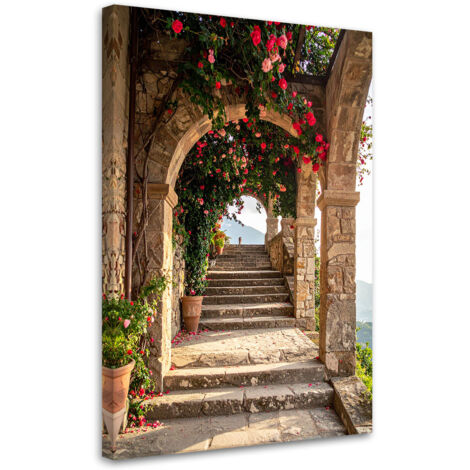 Cuadro sobre Lienzo, Arcos de piedra escaleras flores Toscana Italia, 60x90