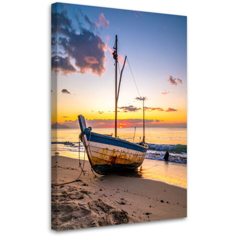 Cuadro sobre Lienzo, Barco playa mar puesta de sol, 20x30