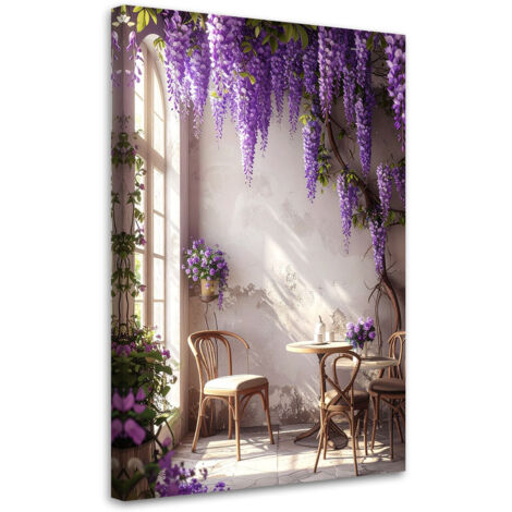 Cuadro sobre Lienzo, Café con flores moradas, 20x30