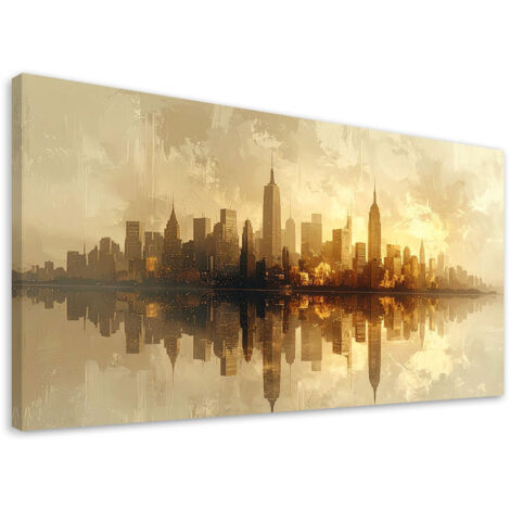 Cuadro sobre Lienzo, Ciudad moderna del futuro en tonos beige y dorado, 80x40