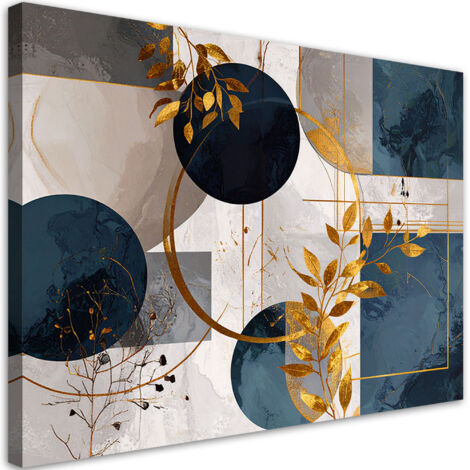 Cuadro sobre Lienzo, Formas abstractas de círculos y hojas azul y beige, 30x20