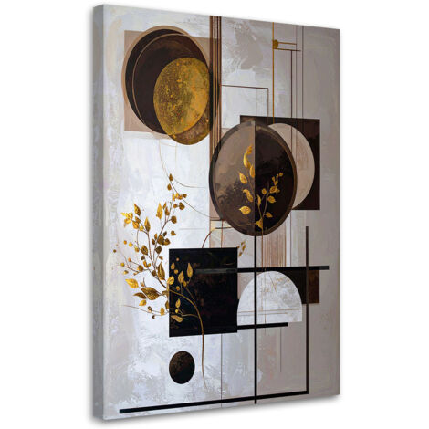 Cuadro sobre Lienzo, Formas abstractas de círculos y hojas en beige y dorado, 20x30