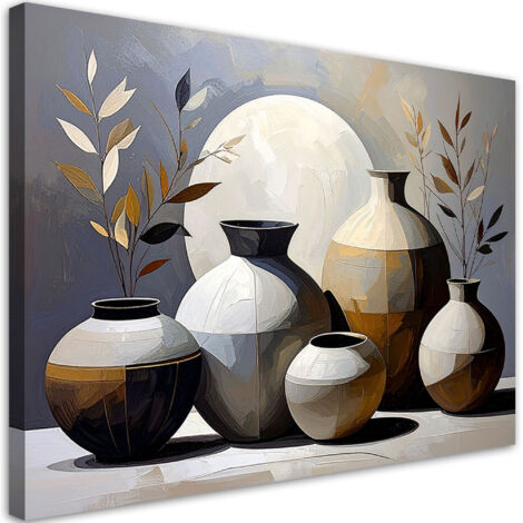 Cuadro sobre Lienzo, Naturaleza muerta jarras hojas en beige, 30x20