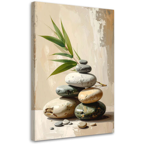 Cuadro sobre Lienzo, Piedras zen spa hojas de bambú en beige, 20x30