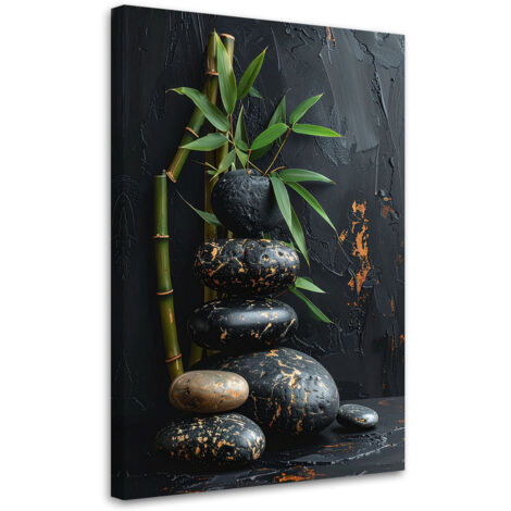 Cuadro sobre Lienzo, Piedras zen spa hojas de bambú negras, 20x30