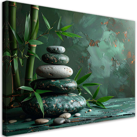 Cuadro sobre Lienzo, Piedras zen spa hojas de bambú verdes, 30x20