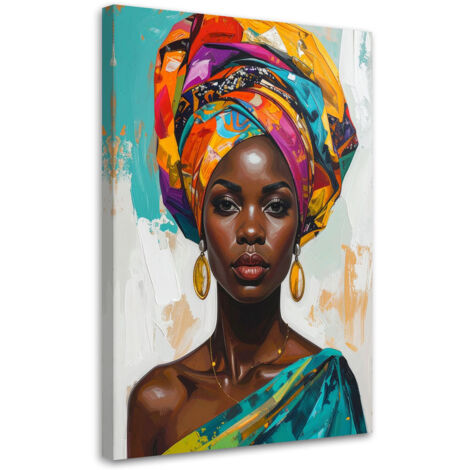 Cuadro sobre Lienzo, Retrato colorido de una mujer con turbante glamour, 30x45