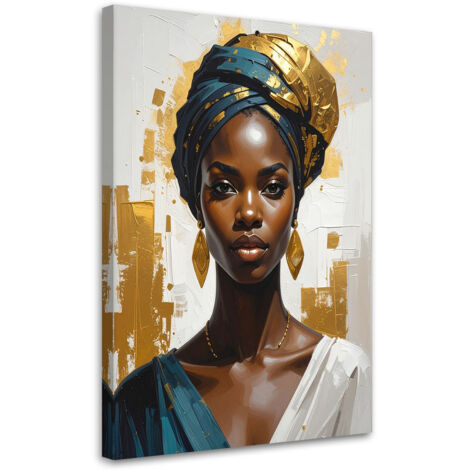 Cuadro sobre Lienzo, Retrato de una mujer con turbante dorado en estilo glamour, 30x45
