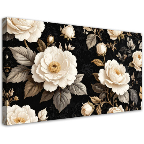 Cuadro sobre Lienzo, Rosas blancas sobre fondo negro Elegante decoración floral de pared en estilo glamour, 100x50