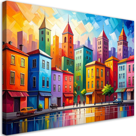 Cuadro sobre Lienzo, Vista de una ciudad de colores casas edificios, 45x30