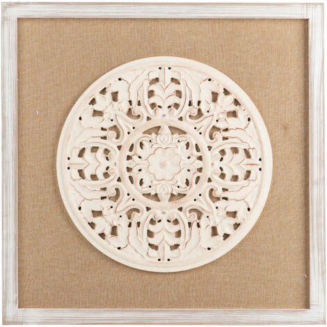 Cuadro Talla Madera / Lino 60x3x60 Cm - Blanco Lavado / Beige