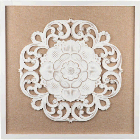 Cuadro Talla Madera / Lino 80x3x80 Cm - Blanco Lavado / Beige