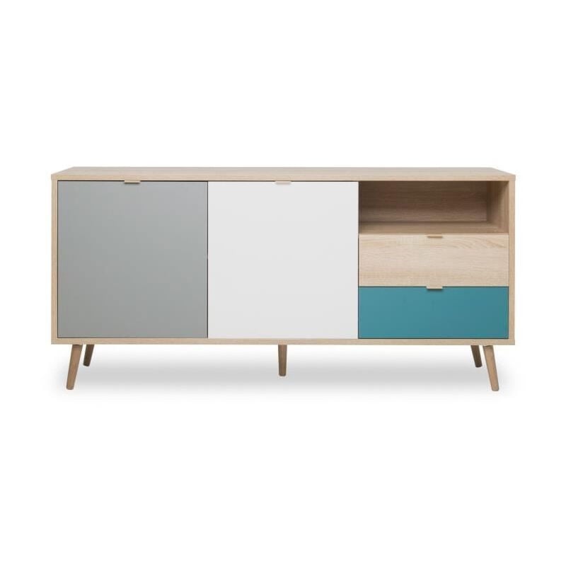 Les Tendances - cuba Buffet bas scandinave chene, gris et bleu petrole - l 150 x p 40 x h 71 cm