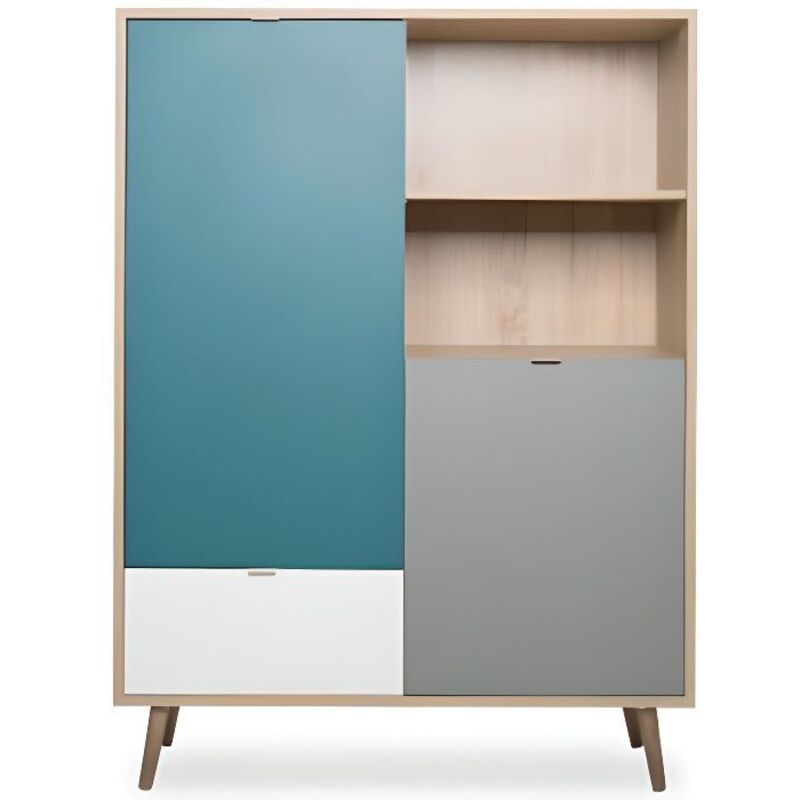 Finori - Buffet haut 2 portes 1 tiroir 103x40x138 cm naturel et bleu - bauleo